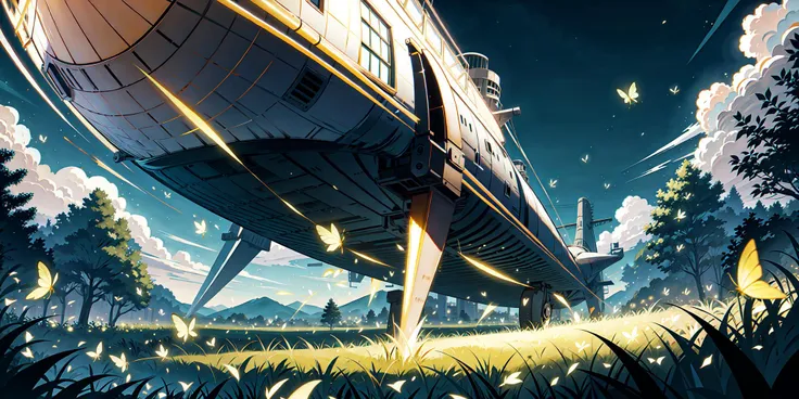 4k,vector art ,blue sky,the ground is out of sight,floating airship ,
ultra high res, <lora:fireflies_v1:1> fireflies