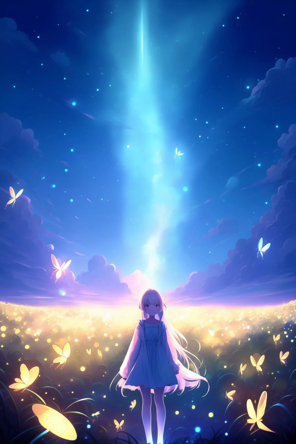 (masterpiece,best quality,ultra_detailed,highres,absurdres:1.3)
natural lighting, soft lighting, sunlight, HDR (High Dynamic Range), Maximum Clarity And Sharpness, Multi-Layered Textures,
<lora:fireflies_v1:0.888888888>(neon white fireflies:1.3),night sky ,
1girl, <lora:1658854699716974463:0.6>