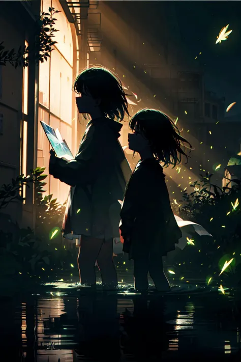 natural lighting, soft lighting, backlight,night, HDR (High Dynamic Range), Maximum Clarity And Sharpness, Multi-Layered Textures,
<lora:4960_fireflies:0.9> (fireflies:1.2),children,happy,playing,perfect hands,perfect legs,perfect fingers,
<lora:Silhouette:0.9> silhouette, light particles,