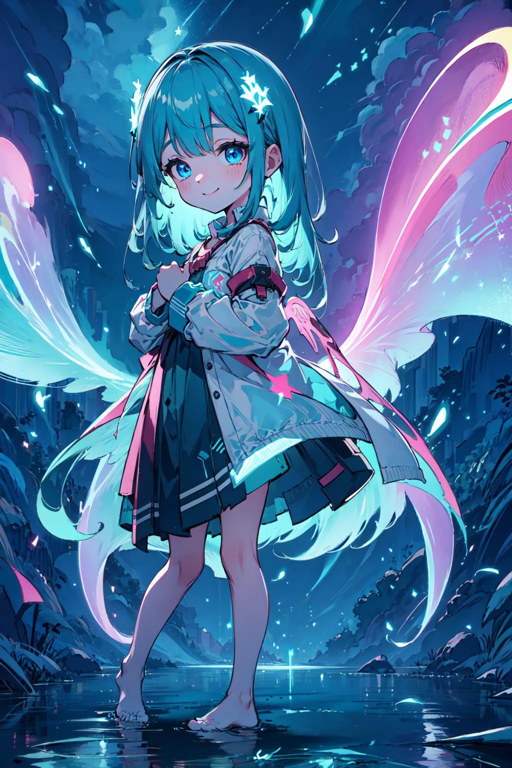 natural lighting, soft lighting, backlight,(dreamlike beauty night:1.3), HDR (High Dynamic Range), Maximum Clarity And Sharpness, Multi-Layered Textures,
<lora:4960_fireflies:0.9> (neon blue fireflies:1.2),(1child,glowing bright blue eyes,smile:1.4),playing,perfect hands,perfect legs,perfect fingers,pure,(giant wings made up of points of light from fireflies,the beautiful starry sky is reflected in the eyes of child:1.3)
<lora:Neno:0.8> Neon Light