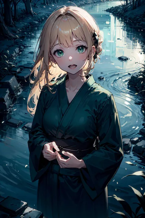 <lora:ellenbaker-lora-nochekaiser:0.8> (black yukata:1.5), ellen baker, blonde hair, (green eyes:1.5), long hair, ponytail,<lora:talkmouth_A_v100:0.5> open mouth, <lora:4960_fireflies:0.8> fireflies,
(from above:1.5), (extreme close-up:1.5),(upper body:1.5),(beside the stream in the mountains,cobblestone floor:1.5),(masterpiece, best quality, ultra detailed, hyper realistic, photo), delicate pattern, detailed background, super fine concept art,(darkness:1.4), dynamic lighting, faint light,high-contrast, (mysterious:0.8), (dark blue theme:1.3),ethereal, truth, <lora:GoodHands-vanilla:0.3> fingers, hand,