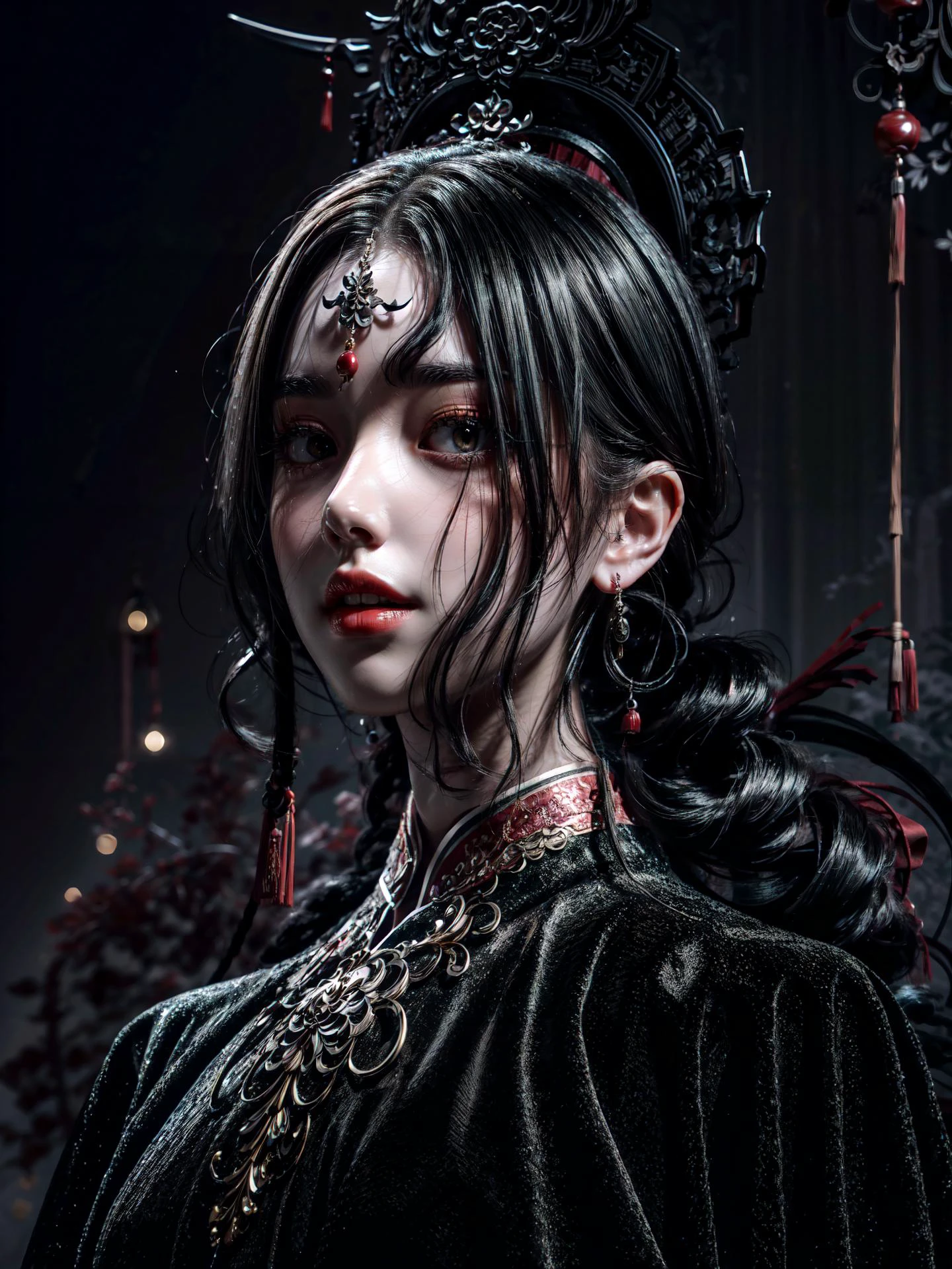 (masterpiece),best quality,panorama,(wide shot),(full_shot:1.1),long hair with slight curls,1girl,solo,(black hair),red jewelry,earrings,long hair,(black eyes:1),makeup,
