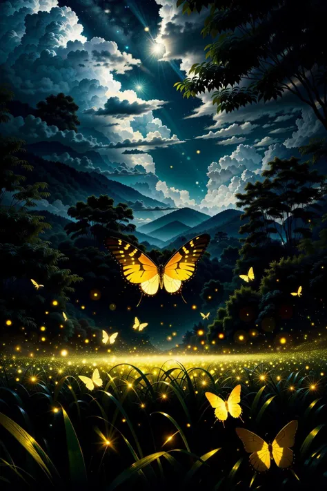 natural lighting, soft lighting, sunlight, HDR (High Dynamic Range), Maximum Clarity And Sharpness, Multi-Layered Textures,night <lora:fireflies_v1:1> fireflies