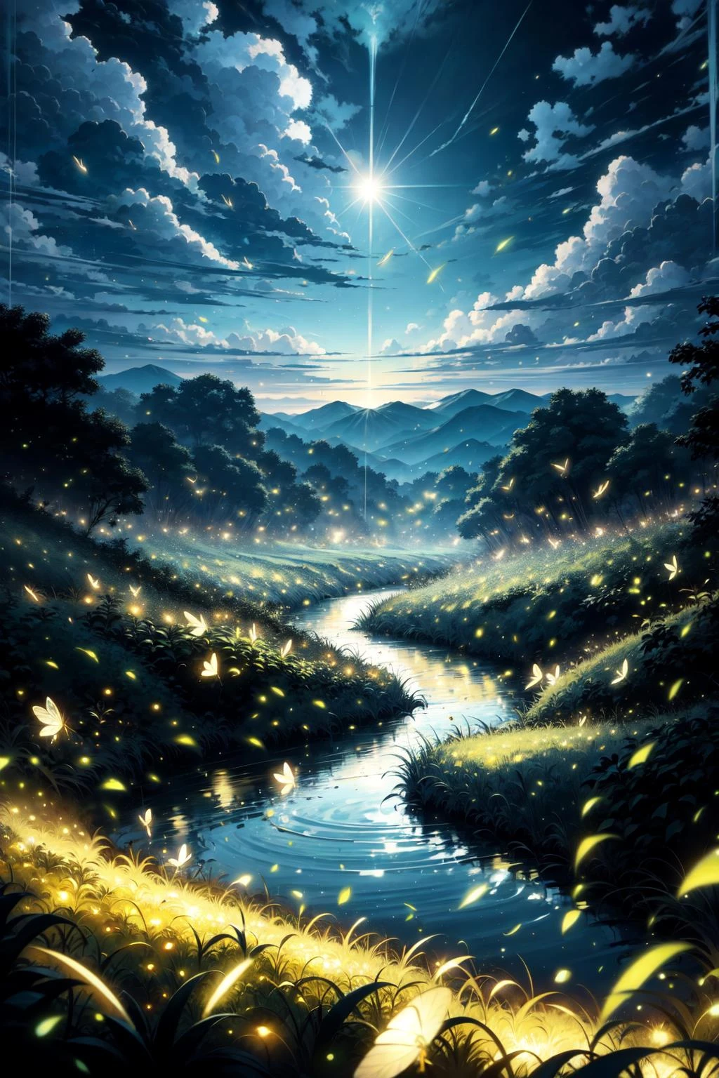 natural lighting, soft lighting, sunlight, HDR (High Dynamic Range), Maximum Clarity And Sharpness, Multi-Layered Textures, <lora:4960_fireflies:1> fireflies