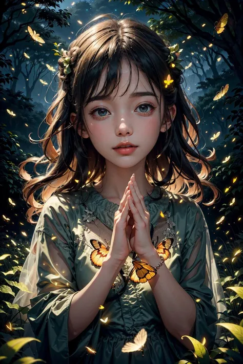 natural lighting, soft lighting, sunlight, HDR (High Dynamic Range), Maximum Clarity And Sharpness, Multi-Layered Textures, <lora:fireflies_v1:1> fireflies,children,perfect detail hands,perfect detail fingers,happy,
