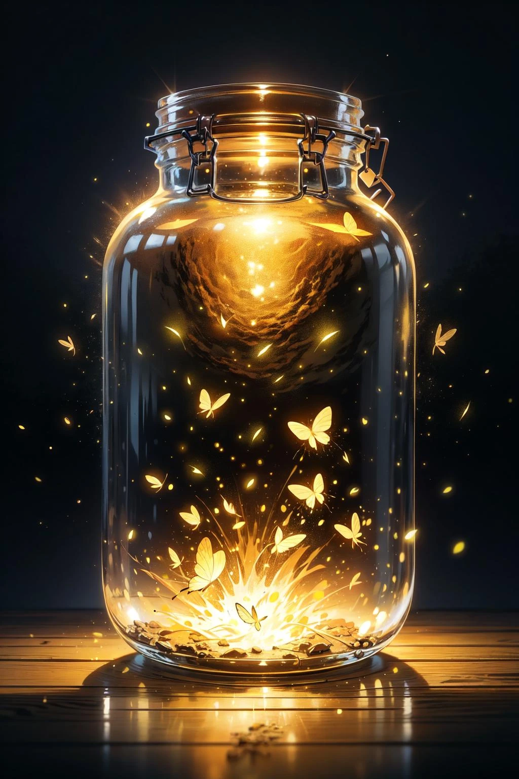 natural lighting, soft lighting, sunlight, HDR (High Dynamic Range), Maximum Clarity And Sharpness, Multi-Layered Textures, <lora:4960_fireflies:1> fireflies, jar