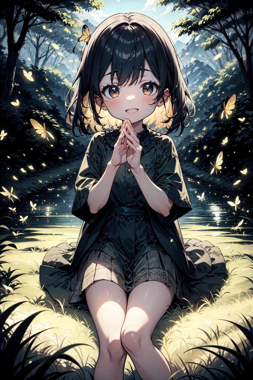 natural lighting, soft lighting, sunlight, HDR (High Dynamic Range), Maximum Clarity And Sharpness, Multi-Layered Textures, <lora:4960_fireflies:1> fireflies,,happy,playing,perfect hands,perfect legs,perfect fingers,