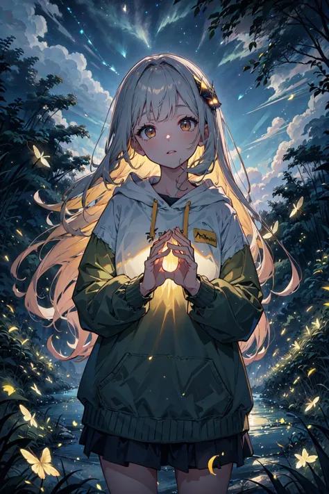 (perfect detail hands,perfect detail fingers:1.3),1girl,
natural lighting, soft lighting, sunlight, HDR (High Dynamic Range), Maximum Clarity And Sharpness, Multi-Layered Textures,<lora:fireflies_v1:0.9> fireflies,night sky <lora:edgNoireHoodies:0.8> edgNoire, hoodie,  ([black dress, short skirt|hoodie]::0.5)