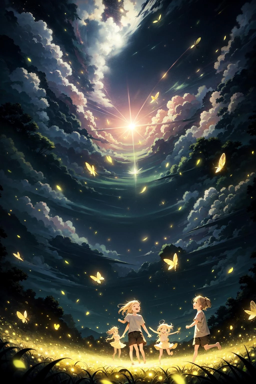 natural lighting, soft lighting, sunlight, HDR (High Dynamic Range), Maximum Clarity And Sharpness, Multi-Layered Textures, <lora:4960_fireflies:1> fireflies,children,happy,playing