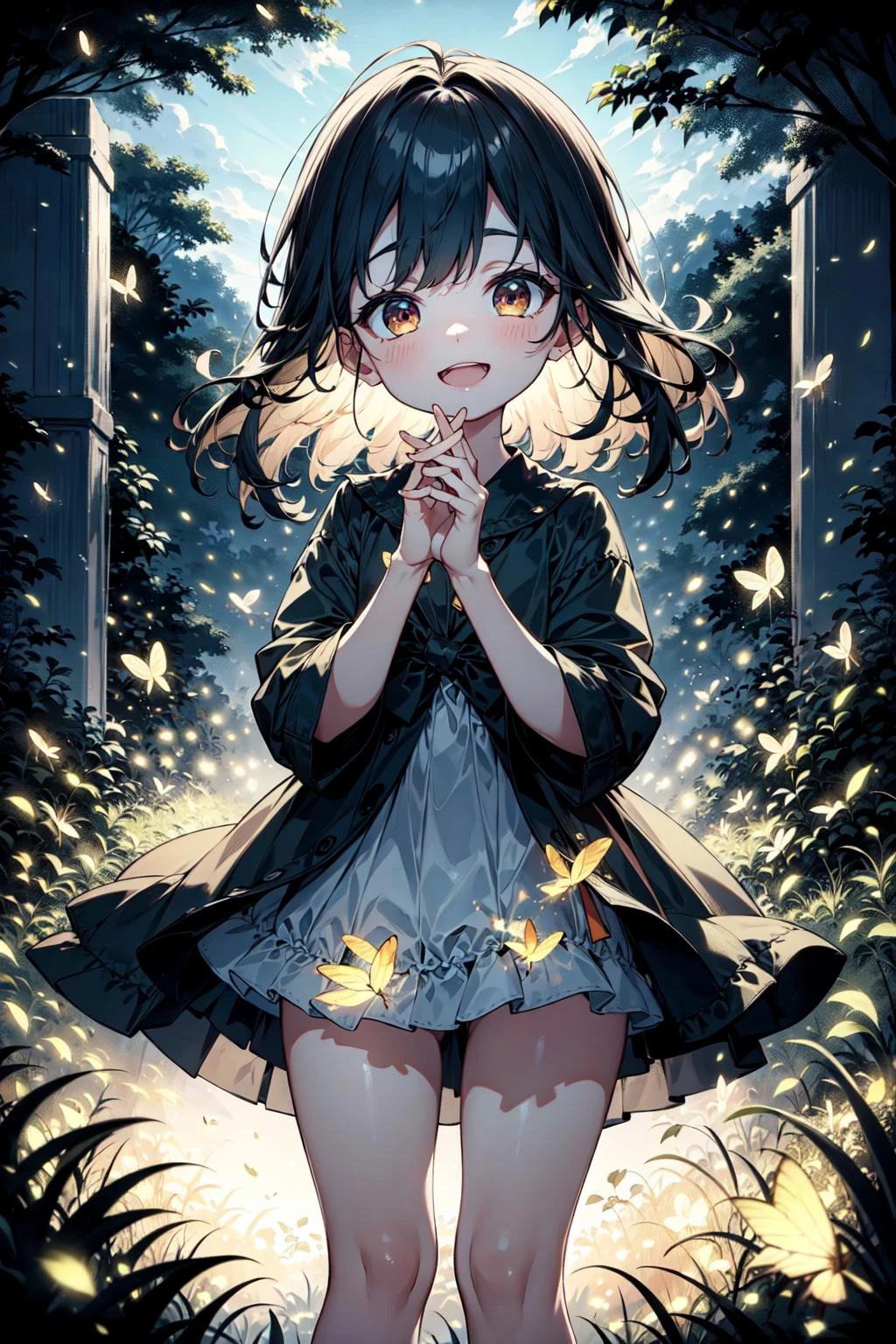 natural lighting, soft lighting, sunlight, HDR (High Dynamic Range), Maximum Clarity And Sharpness, Multi-Layered Textures, <lora:4960_fireflies:1> fireflies,children,happy,playing,perfect hands,perfect legs,perfect fingers,