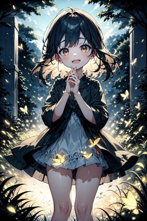 natural lighting, soft lighting, sunlight, HDR (High Dynamic Range), Maximum Clarity And Sharpness, Multi-Layered Textures, <lora:4960_fireflies:1> fireflies,children,happy,playing,perfect hands,perfect legs,perfect fingers,