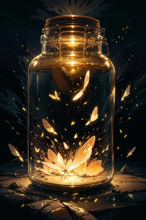 natural lighting, soft lighting, sunlight, HDR (High Dynamic Range), Maximum Clarity And Sharpness, Multi-Layered Textures, <lora:fireflies_v1:1> fireflies, jar