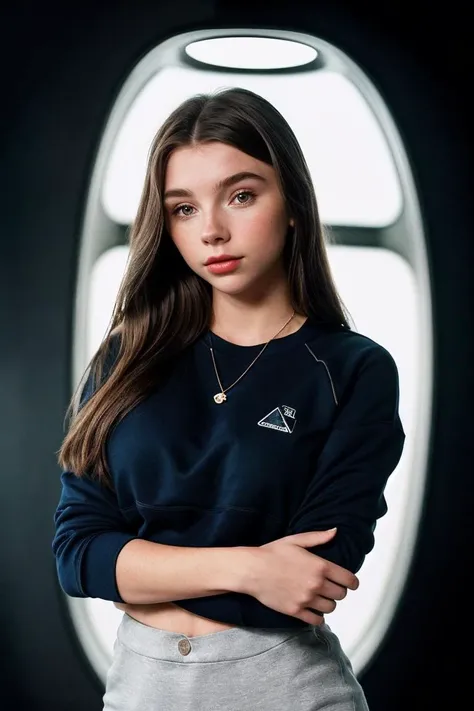 photo of fit (D4rl33nJos3ph1n3-135:0.99), a beautiful woman, perfect hair, (modern photo), wearing a (crew neck sweatshirt:1.2) and long skirt with jewelry, portrait, 85mm, (analog, cinematic, film grain:1.3), (Alien Spaceship, Advanced spaceship with pulsating walls, glowing symbols, and incomprehensible tech.), detailed eyes, professional pose, painted lips, (epiCPhoto), (looking at viewer:1.1), (cinematic shot:1.3), (natural lighting, lit from above), <lora:add_detail:0.5>