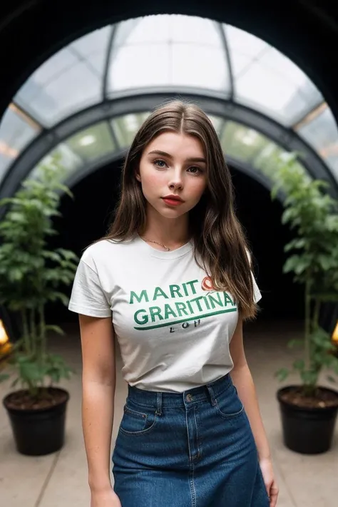 photo of fit (D4rl33nJos3ph1n3-135:0.99), a beautiful woman, perfect hair, (modern photo), wearing a (crew neck t-shirt:1.2) and long skirt with jewelry, portrait, 85mm, (analog, cinematic, film grain:1.3), (Martian Agricultural Dome, Dome with hydroponic farms and advanced cultivation techniques for Mars.), detailed eyes, professional pose, painted lips, (epiCPhoto), (looking at viewer:1.1), (cinematic shot:1.3), (natural lighting, lit from above), <lora:add_detail:0.5>