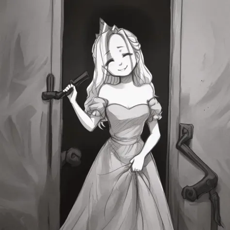<lora:slaytheprincess:0.7> prinvk, 1girl, solo, dress, long hair, bare shoulders, princess, head tilt, closed eyes, monochrome, greyscale, sketch, graphite \(medium\), holding crowbar, innocent smile
