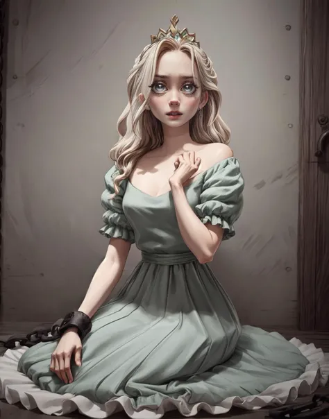(masterpiece, top quality, best quality, official art, beautiful and aesthetic:3, photorealistic:0.5),<lora:more_details:0.5>,  cute:1.4,  
<lora:slaytheprincess:0.7> 1girl, princess, crown, shackles, chain, scared expression, BREAK, sitting, on ground, BREAK,
