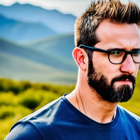 a man with glasses standing in front of a mountain, pexels contest winner, blue tight tshirt, attractive young man, green hills, youtuber, very attractive and beautiful, handsome and elegant, neckbeard, casual pose, profile pic, hdskin