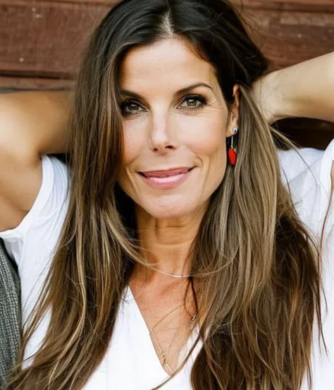 photo of sandra bullock wearing a tight white t-shirt, blonde, long hair, attractive, thirties, outdoors, natural lighting, earrings, photograph, ultraskin, good looking, pixma, canon, nikon, kodak, pretty, beautiful, skin detail, thirty years old, sandra bullock, analogfilm768-old-school