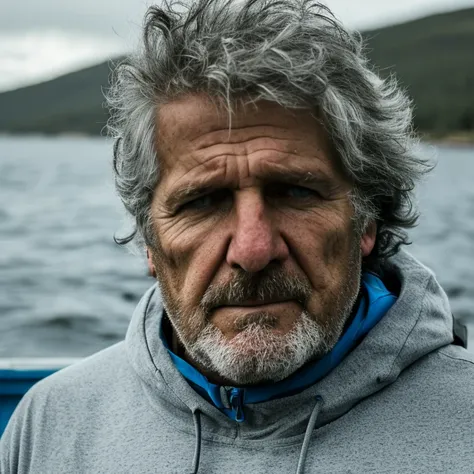 a portrait of a man standing on top of a boat, wearing a blue hoodie, resting on a tough day, profile picture 1024px, stormy seas, documentary, fish man, older male, oscar winning