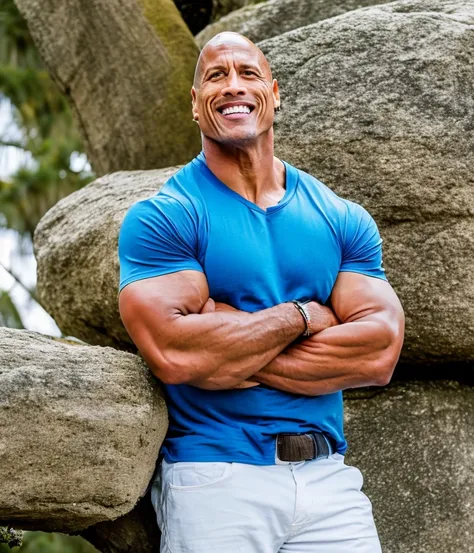photo of dwayne johnson wearing a tight blue t-shirt, the rock, arms crossed, outdoors, natural lighting, forty-years-old, forties, attractive, handsome, dwayne johnson, canon50, kodak ultramax, pexels, unsplash, film grain, ultraskin