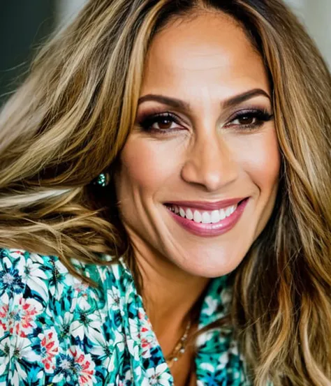 portrait photo of Jennifer Lopez wearing a blue and green floral dress, jlo, silk floral print dress, beautiful Hispanic woman, indoors, smiling, dramatic lighting, forties, attractive, gorgeous, Jennifer Lopez, canon50, kodak ultramax, pexels, unsplash, film grain, close up, ultraskin