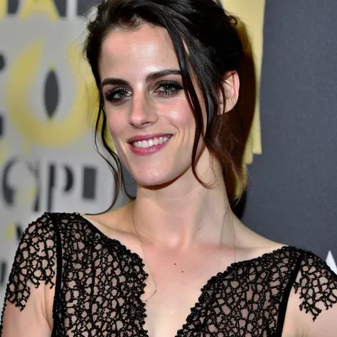 beautiful photo of kristen stewart wearing a lowcut black lace dress, indoors at awards, black lace bodice, attractive, twenties, dramatic lighting, ultraskin, good looking, pixma, canon, nikon, kodak, pretty, beautiful, skin detail, twenty-years-old, kristen stewart