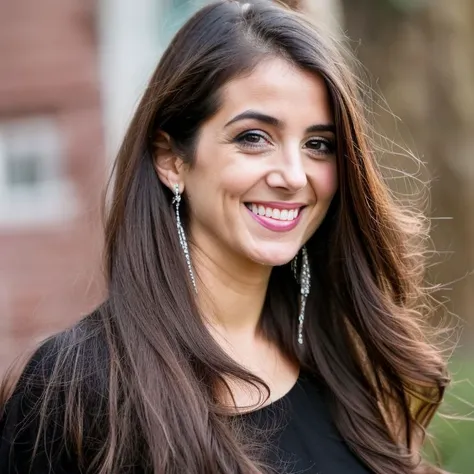 photo of a young woman wearing a black dress, brunette, long hair, attractive, twenties, outdoors, crying, natural lighting, earrings, photograph, ultraskin, good looking, pixma, canon, nikon, kodak, pretty, beautiful, skin detail, twenty years old
