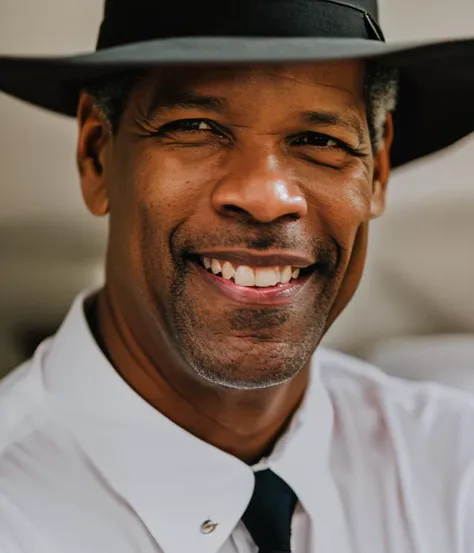 portrait photo of denzel washington wearing a black suit, smiling, white shirt, no tie, fifties, fifty years old, beard, wearing a hat, indoors, dramatic lighting, handsome, denzel washington, canon50, kodak ultramax, pexels, unsplash, film grain, close up