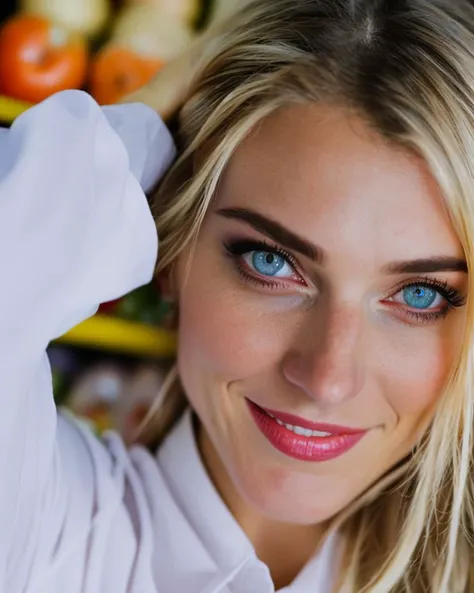 A stunning intricate full color portrait of a twenty year old woman standing in the grocery store,
with blue eyes and wavey blonde hair,
epic character composition, ultraskin,
by ilya kuvshinov, alessio albi, nina masic,
sharp focus, natural lighting, subsurface scattering, f2, 35mm, film grain, AnalogFilm768