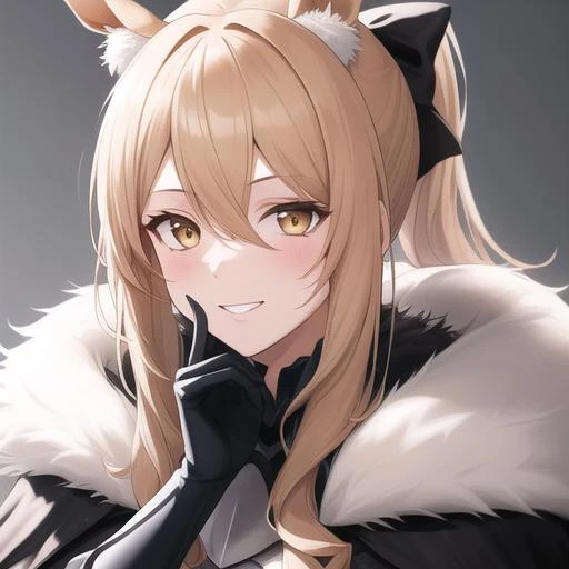 (masterpiece, best quality:1.2),absurdres,highres,1girl,solo,upper body,(portrait:1.2),animal_ears,horse_ears,blonde_hair,long_hair,horse_girl,horse_tail,armor,smile,looking_at_viewer,animal_ear_fluff,hair_bow,ponytail,black_bow,yellow_eyes,bangs,fur_trim,white thighhighs,hair_between_eyes,fur- trimmed_cape,black_gloves,white_cape,<lora:Blemishine(ark)>,