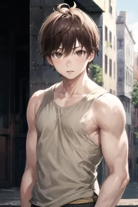 masterpiece, best quality, high quality, 1boy, solo, male focus, looking at viewer, upper body, <lora:haruhiro:0.68>, haruhiro, brown hair, brown eyes, , tank top