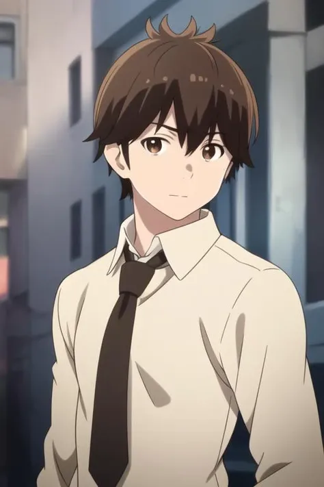 masterpiece, best quality, high quality, 1boy, solo, male focus, looking at viewer, upper body, <lora:haruhiro:0.80>, haruhiro, brown hair, brown eyes, , formal, necktie, dress shirt