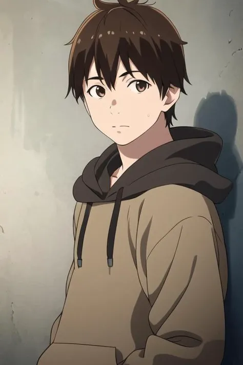 masterpiece, best quality, high quality, 1boy, solo, male focus, looking at viewer, upper body, <lora:haruhiro:0.62>, haruhiro, brown hair, brown eyes, realistic, hoodie