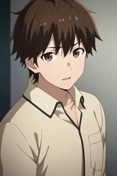 masterpiece, best quality, high quality, 1boy, solo, male focus, looking at viewer, upper body, <lora:haruhiro:0.74>, haruhiro, brown hair, brown eyes, , pajamas