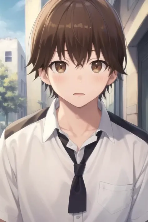 masterpiece, best quality, high quality, 1boy, solo, male focus, looking at viewer, upper body, <lora:haruhiro:0.78>, haruhiro, brown hair, brown eyes, , school uniform