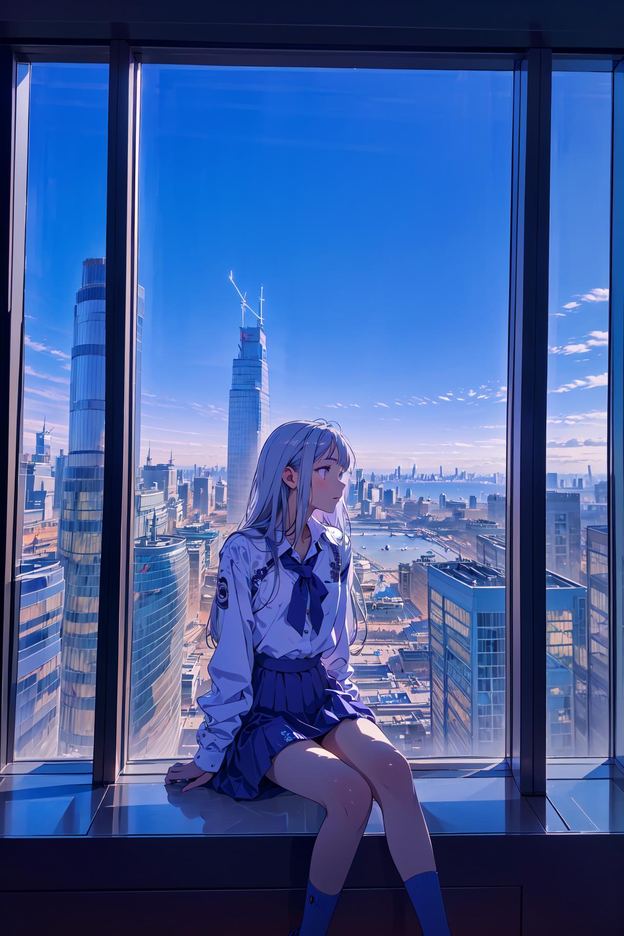 Anime girl sitting on a window ledge looking out at the city - SeaArt AI