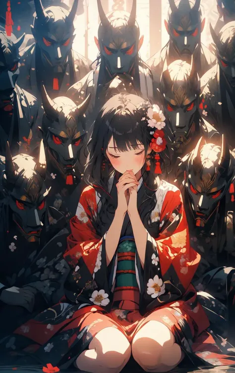 (masterpiece:1.2), best quality, PIXIV, black hair, hair ornament, japanese clothes, hair flower, flower, kimono, mask, 1girl, sitting, long hair, own hands together, looking at viewer, 6+boys, praying, multiple boys, floral print, wide sleeves <lora:thousand faces_20230729115837:1>