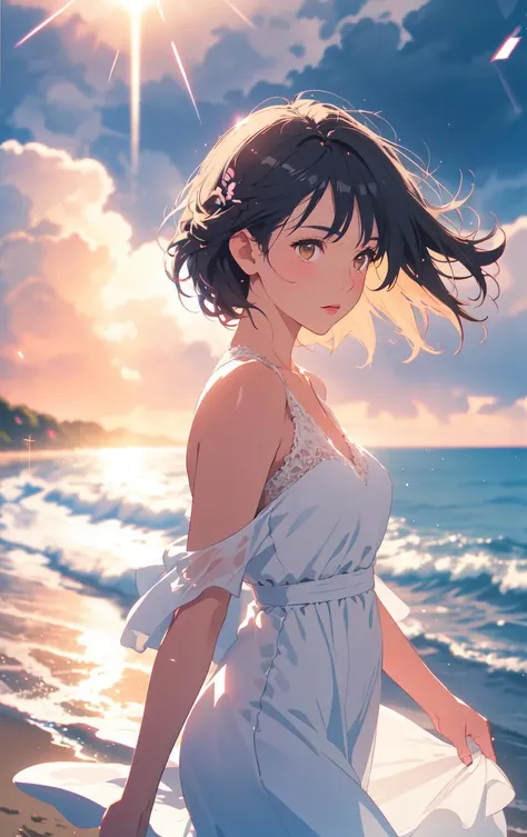 beautiful 1woman lex in a white dress blowing in the wind, walking on a stormy beach, dark clouds, (cowboy shot:1.4), realistic, masterpiece, highest quality, backlighting, (lens flare:1.1), (bloom:1.1), (chromatic aberration:1.1)