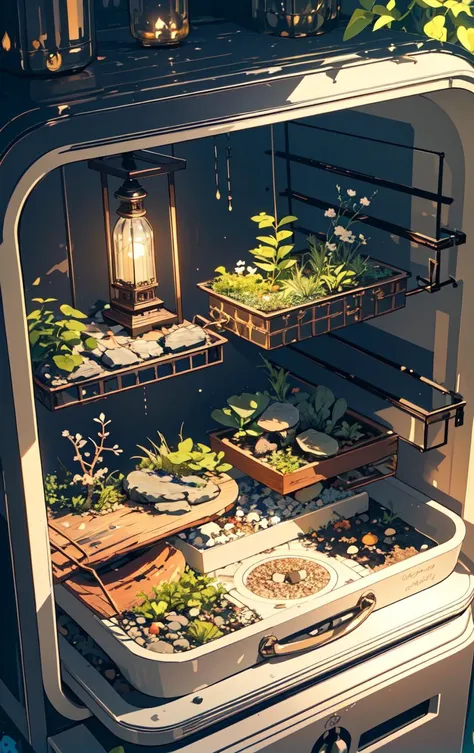 extremely detailed (((micro photo))) of a Sorcerer's Elemental Garden, Refrigerator,Mermaid Scales,Jeweled Crown, Epoxy Flooring,Serpentine stone, Gas Lanterns, Cove Lighting, fantasy at dawn