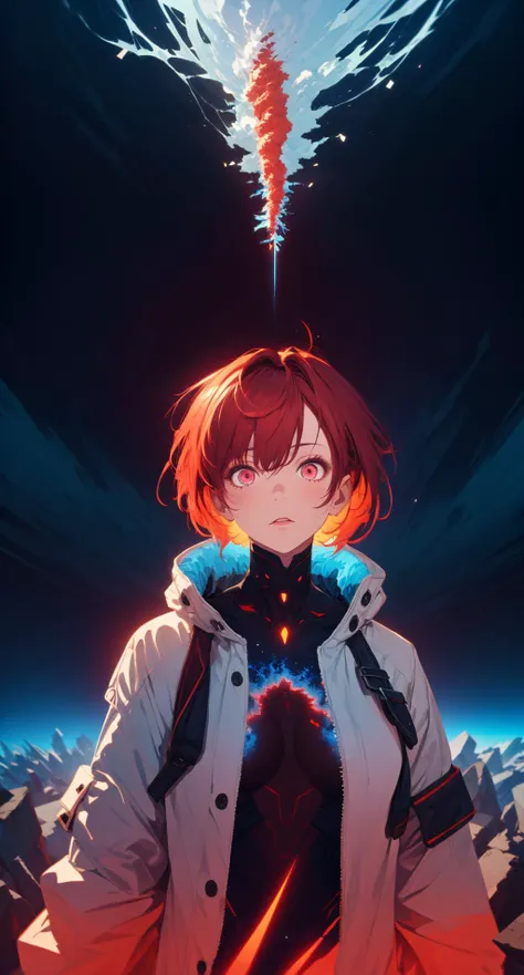 (absurdres, highres), extremely detailed, ultra detailed, Break, sharp lighting, infrared photography, surreal colors, surreal landscapes, vibrant colors, ethereal, high contrast, otherworldly, Break, (1girl), short hair, messy hair, Break, fractal, coat,
