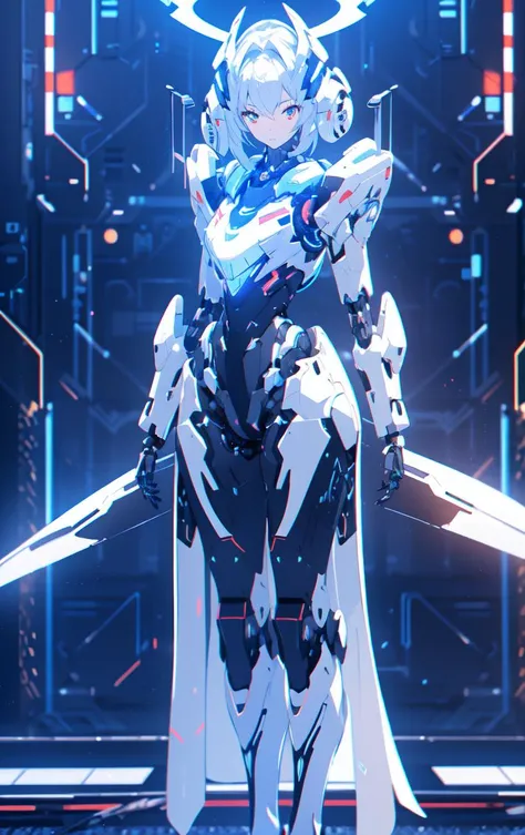 Arcana, 1girl, android, full body, halo, joints, looking at viewer, mecha musume, mechanical parts, robot joints, science fiction, solo, standing, contrasting colors hair <lora:Arcana_SD15:0.8>