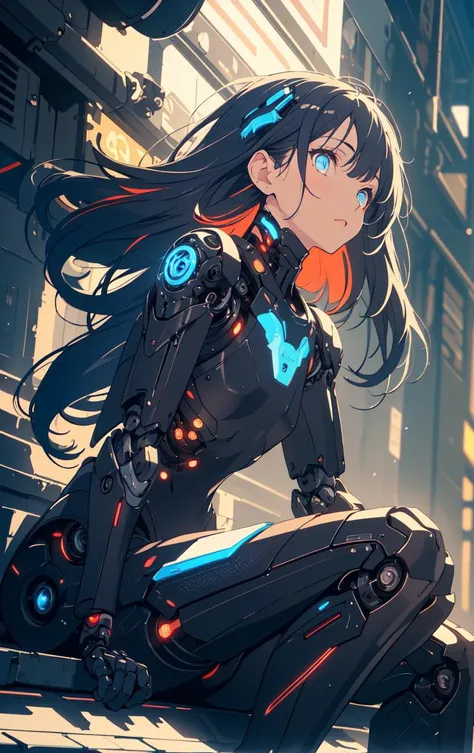 (best quality, masterpiece, colorful, dynamic angle, highest detailed)upper body photo, full body photo, fashion photography of cute 1boy, mechanical arms, cyborg, dark mood, dystopia, glowing, sitting, long hair, bokeh (intricate details, hyperdetailed:1.15), detailed, light passing through hair, (official art, extreme detailed, highest detailed)