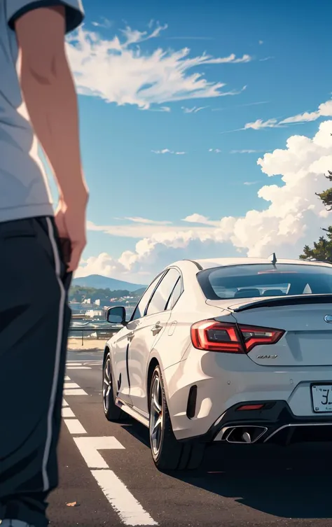 A dynamic Medium Close Up of a sports sedan captured in natural light, (run on road), evening, a Coastal Town in background