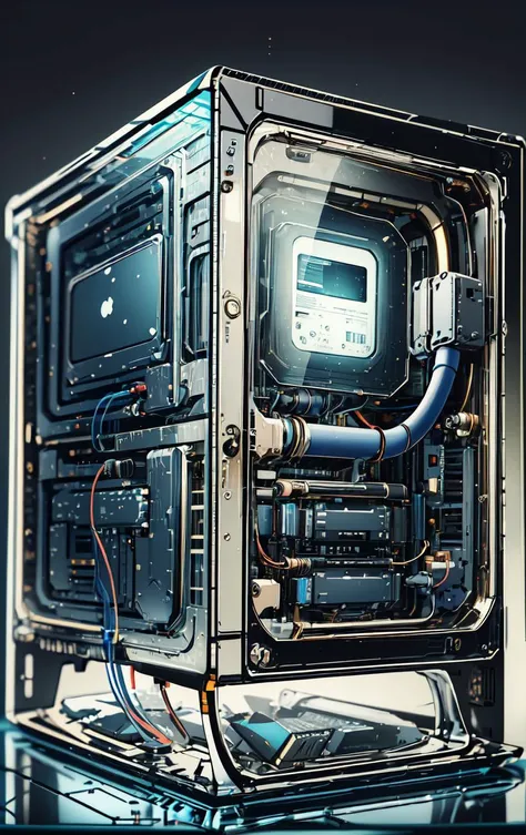 A ((Computer made of glass)), over a grey background <lora:GlassTech-20:1@0,.5@.4>
