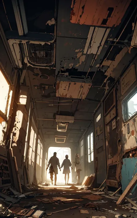 A group of scavengers are exploring the inside of a derelict spaceship in a creepy atmosphere, huge moai, scary shadows, claustrophobia, intricate, surreal, eerie