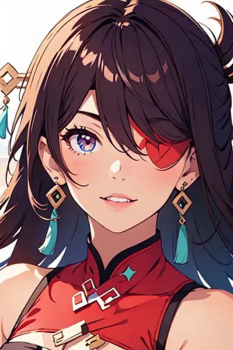 face portrait, close up, (masterpiece:1.1),incredibly absurdres,8k wallpaper,ultra detailed,top quality,1girl, happy, kissy lips, angelic eyes,sharp focus,beidou (genshin impact), beidoudef,beidournd, eye patch