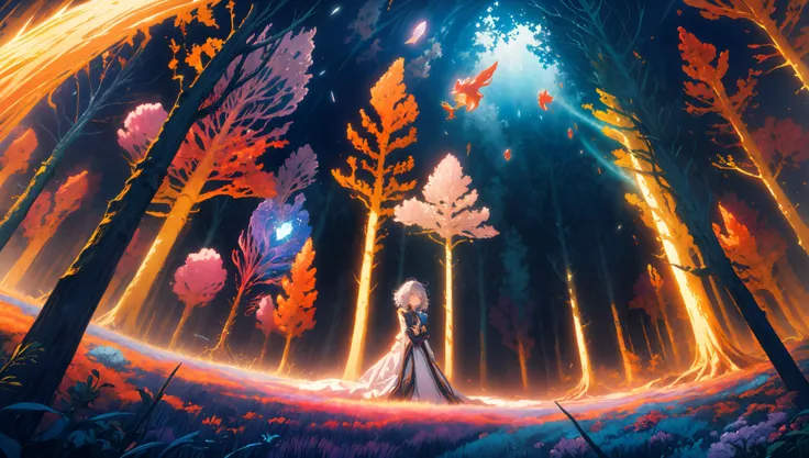 (absurdres, highres), extremely detailed, ultra detailed, Break, sharp lighting, infrared photography, surreal colors, surreal landscapes, vibrant colors, ethereal, high contrast, otherworldly, caustics, surreal lighting, Break, (1girl), short hair, messy hair, Break, fractal forest, luminescent, bio luminescent, extremely detailed eyes, from below, smirk