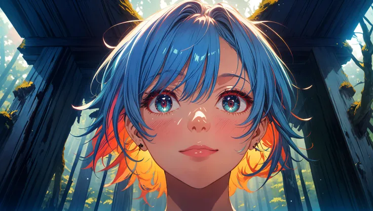 (absurdres, highres), extremely detailed, ultra detailed, Break, sharp lighting, infrared photography, surreal colors, surreal landscapes, vibrant colors, ethereal, high contrast, otherworldly, caustics, surreal lighting, Break, (1girl), short hair, messy hair, Break, fractal forest, luminescent, bio luminescent, extremely detailed eyes, from below, smirk, long ears