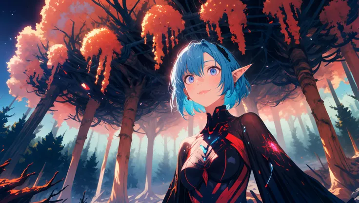 (absurdres, highres), extremely detailed, ultra detailed, Break, sharp lighting, infrared photography, surreal colors, surreal landscapes, vibrant colors, ethereal, high contrast, otherworldly, caustics, surreal lighting, Break, (1girl), short hair, messy hair, Break, fractal forest, luminescent, bio luminescent, extremely detailed eyes, from below, smirk, long ears