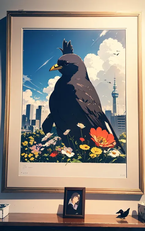 Potent Blackbird, soft focus, Sad, Neo-Dadaism Art, bloom, [ (art by Richard Meier:0.9) |art by Benedetto Caliari]